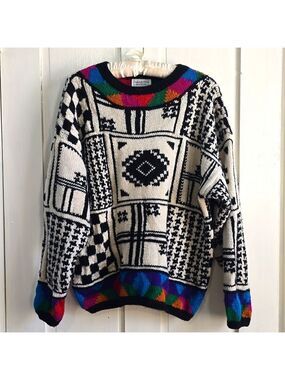 Vintage 80s 90s Roberta Frost Handknit Multi Pattern Sweater